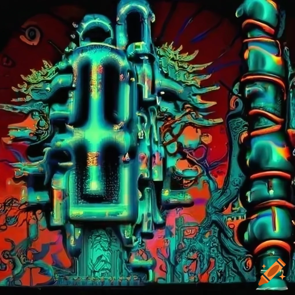 Psychedelic alien tree in tube art with electronic circuit board details