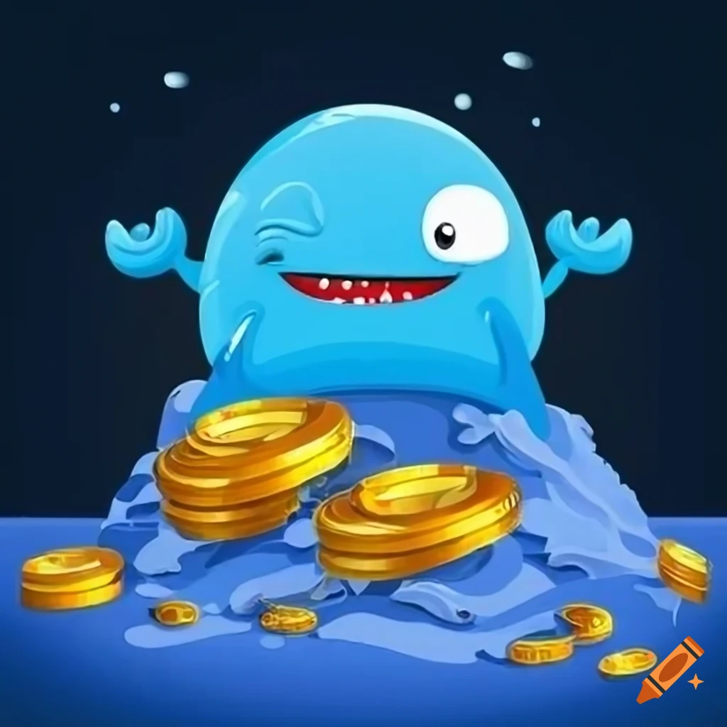 Cartoon whale with big eyes on top of a mountain of gold coins