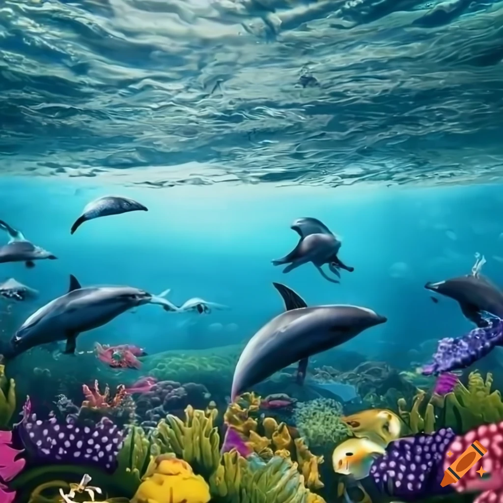 Underwater scene with sea flora, reefs, and dolphins in the background