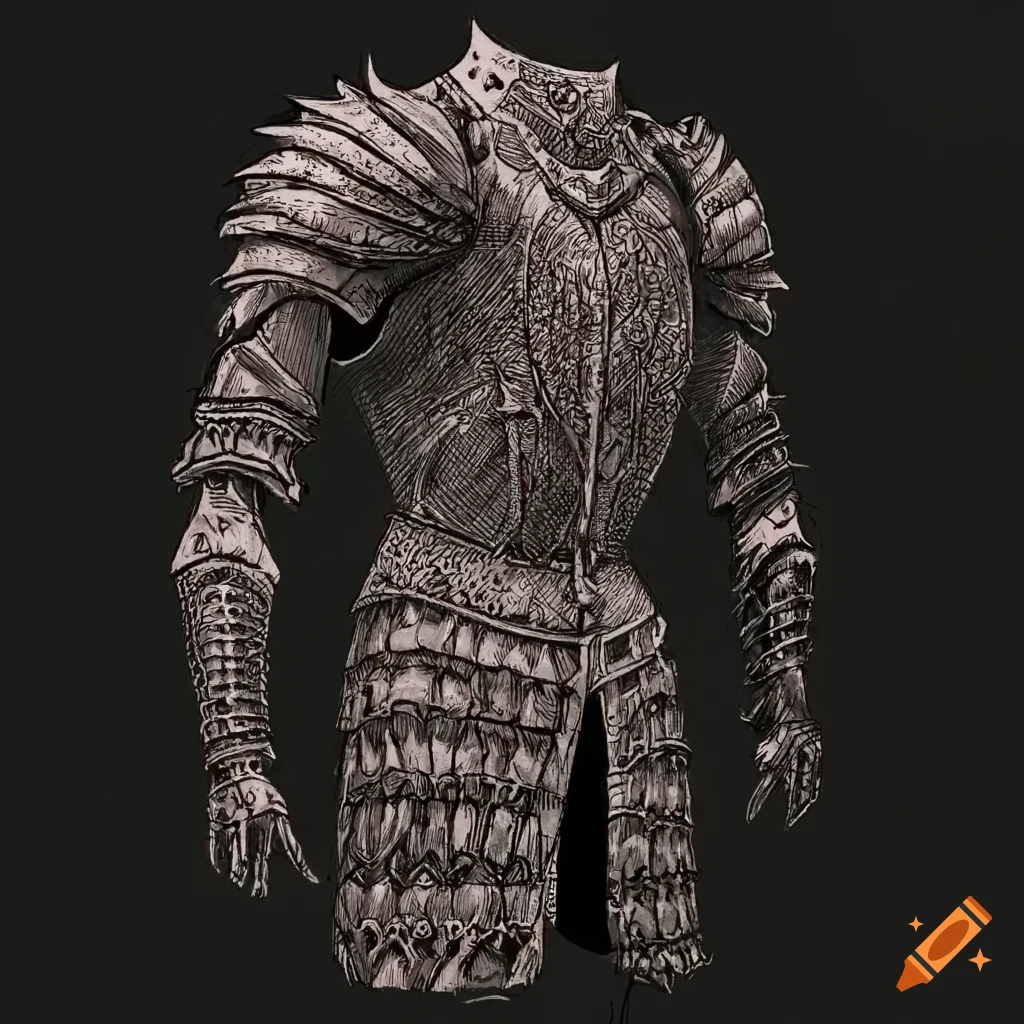 Demonic haunted armor set in protective medieval position, black and