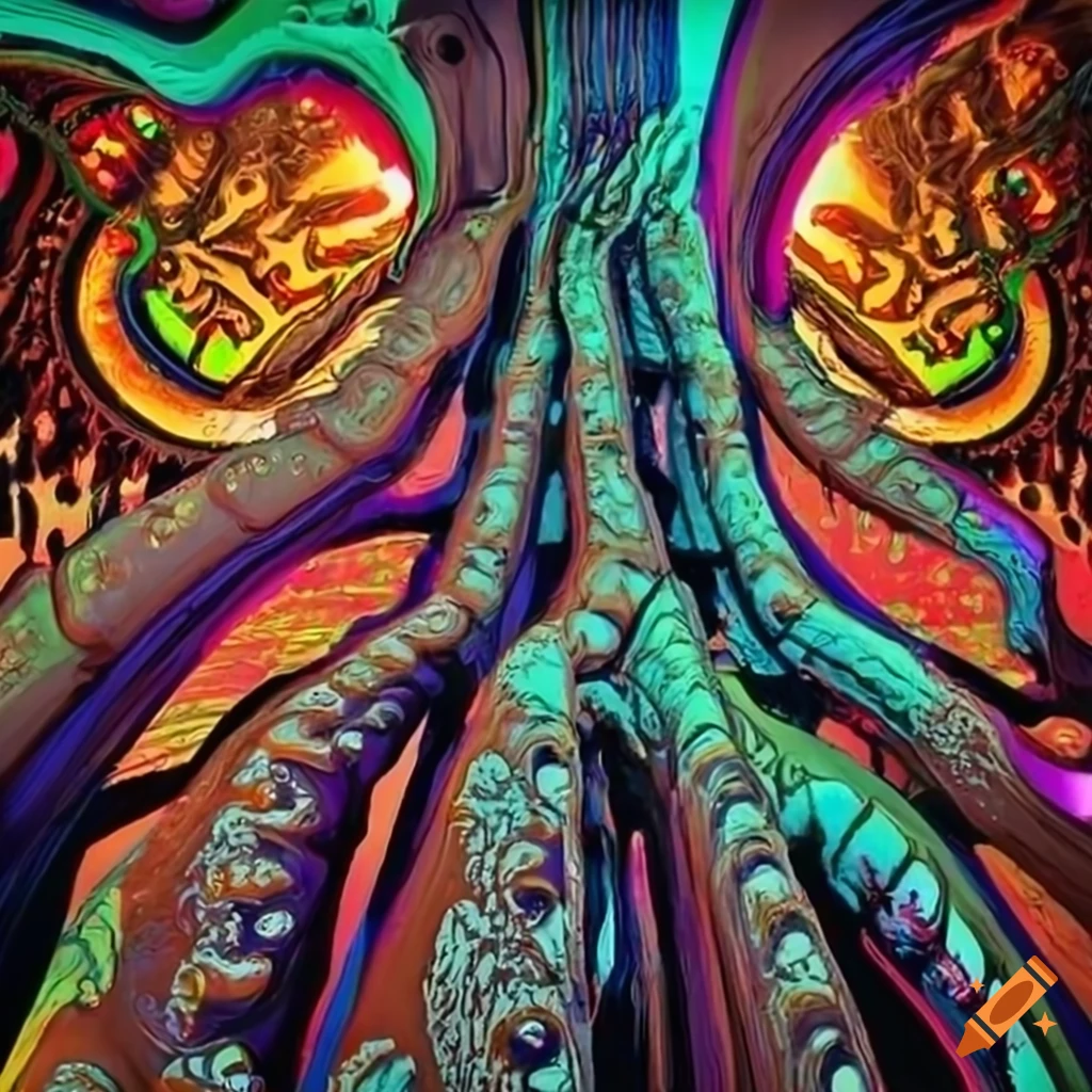 Psychedelic alien tree in tube art with electronic circuit board details