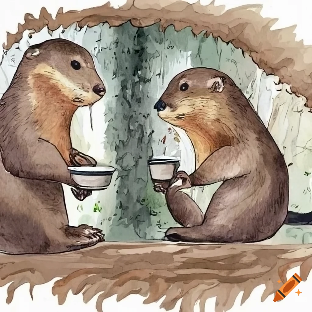 Otters having coffee in a cozy cottage sketch