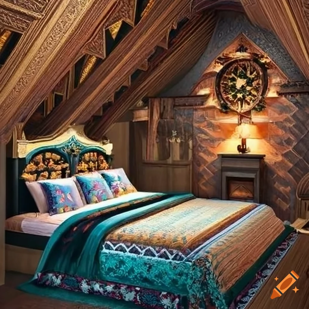 Carpenter gothic cottage attic bedroom with a queen bed and bohemian ...