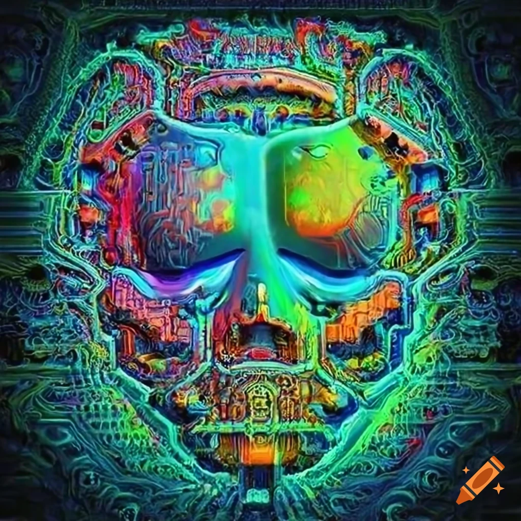 Psychedelic alien tree in tube art style with tropical plants in retro