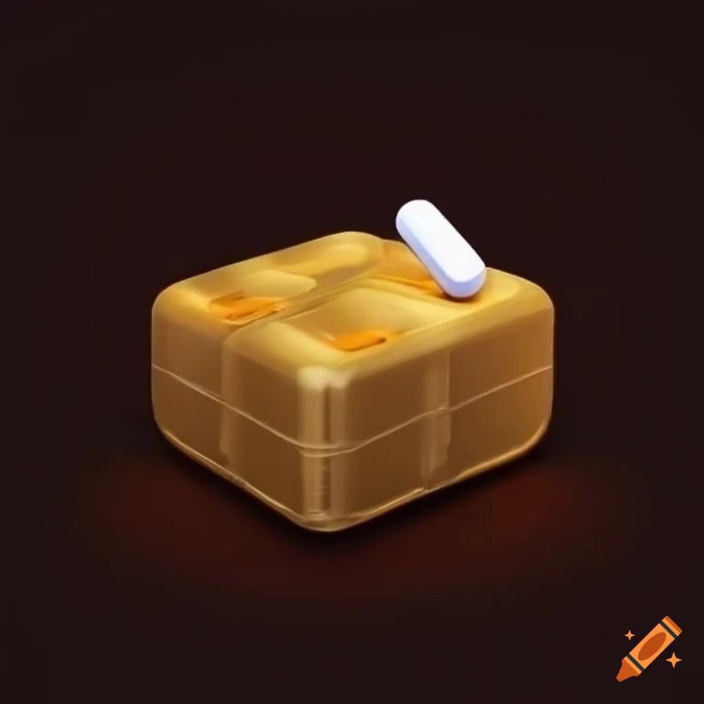Two open palms holding a white pill and a small golden square package in a drug shop