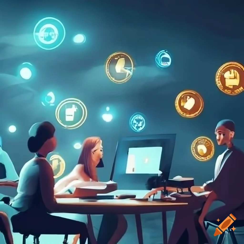 Executives brainstorming in futuristic coworking space with crypto trading table