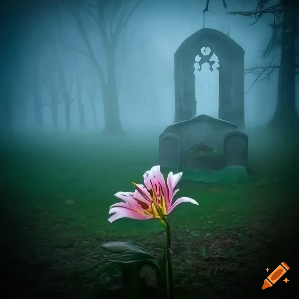 Pink lily against old gravestones in the fog