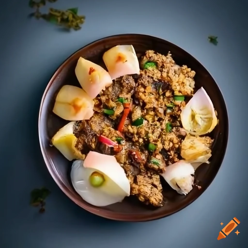 Filipino sisig dish made with banana blossoms and savory ingredients on Craiyon