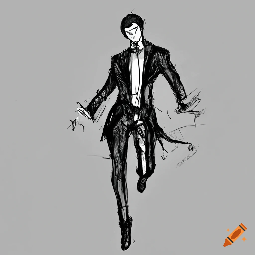 Dynamic manga style villain in a suit in black and white ink drawing