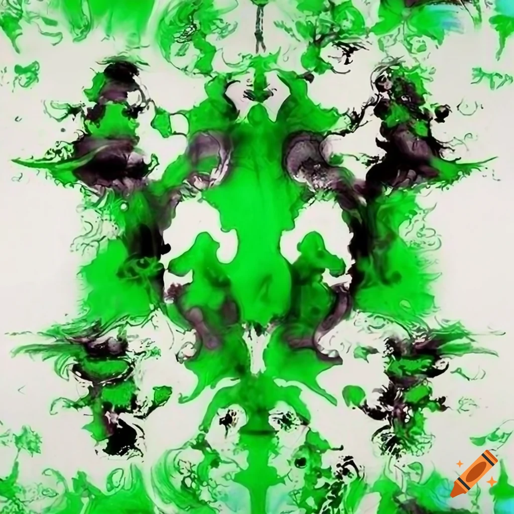 Green ink rorschach decalcomania on white canvas background