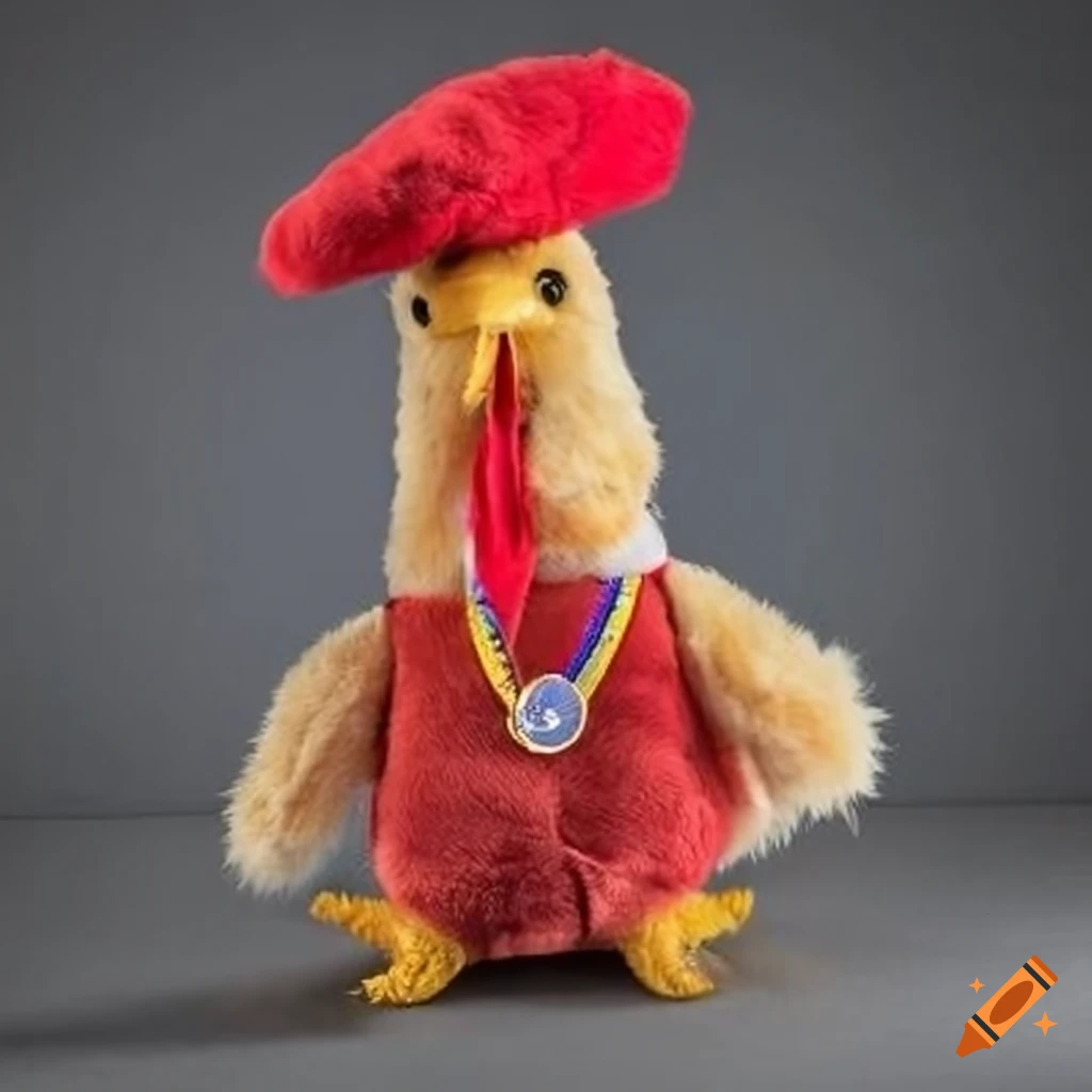 Plush rooster wearing a beret and medal