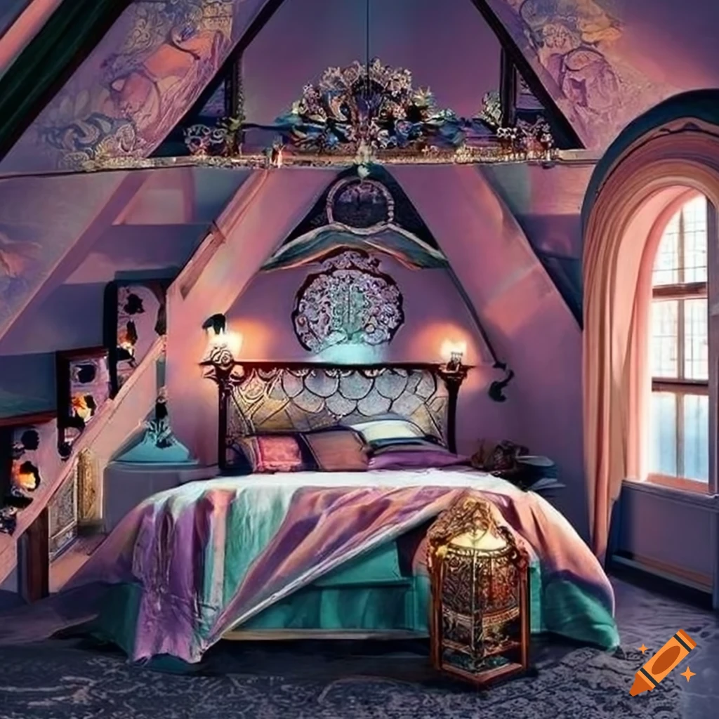 Carpenter gothic cottage attic bedroom with queen bed and intricate ...