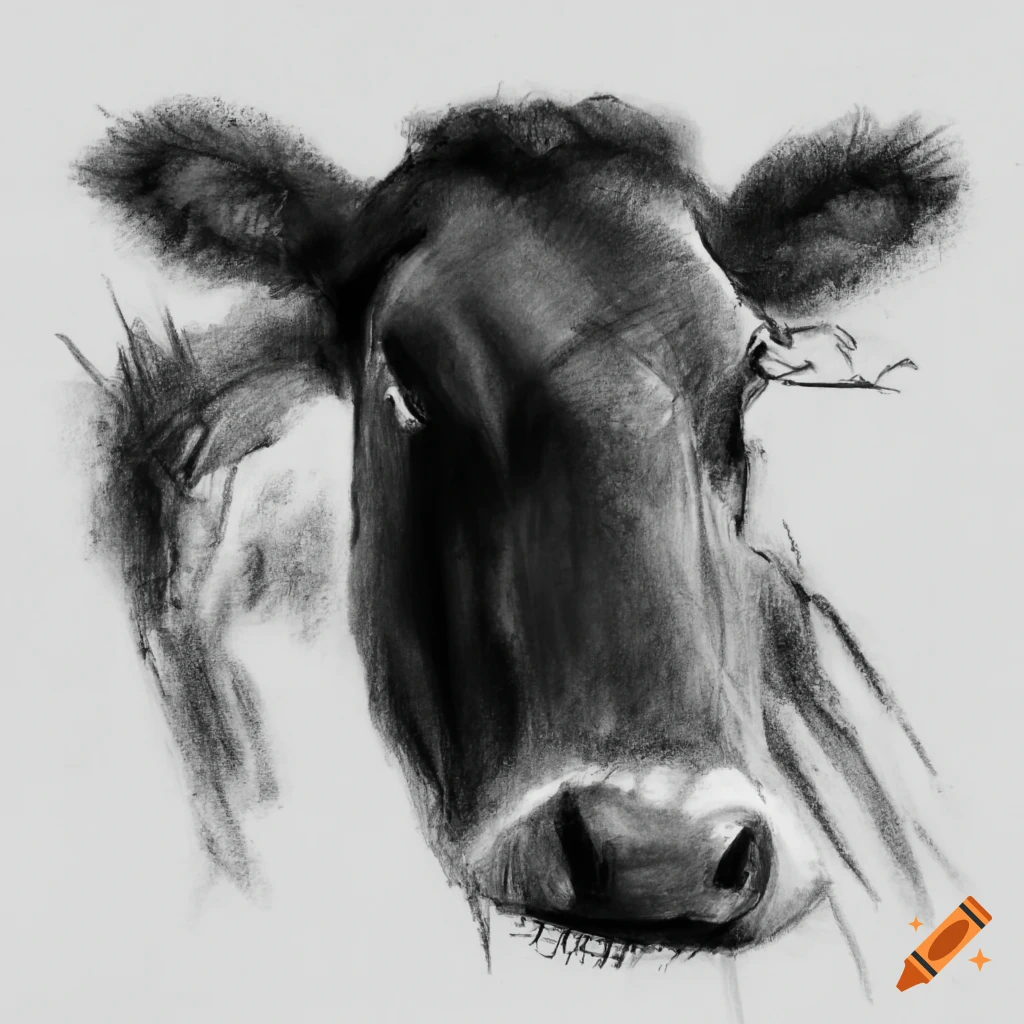 Grass and cow heads in charcoal drawing