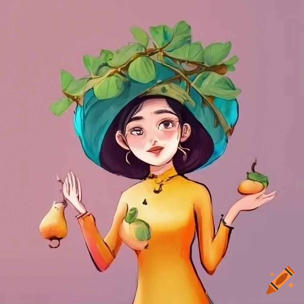 Vietnamese girl in ao dai picking cashew fruit from a tree