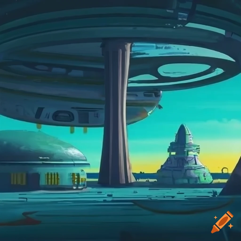 Retro-futuristic spaceport in blue and green tones inspired by Frank R. Paul
