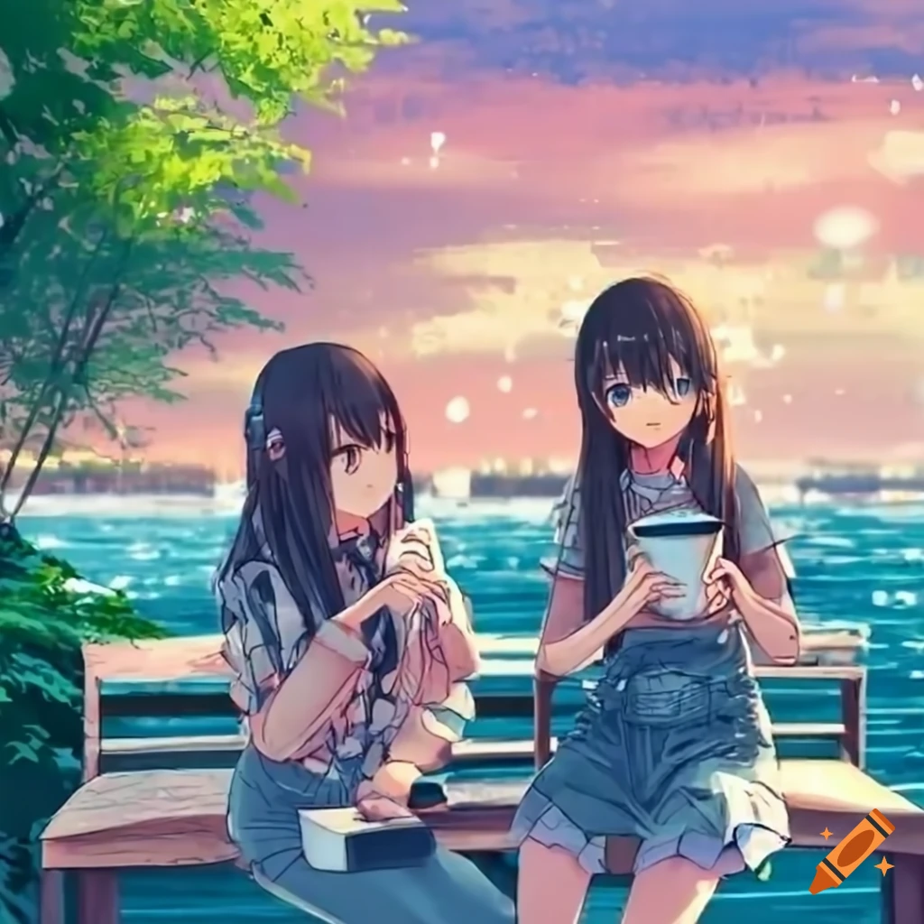 Cheerful anime girls studying and drinking coffee at a waterfront terrace under a rainy sky