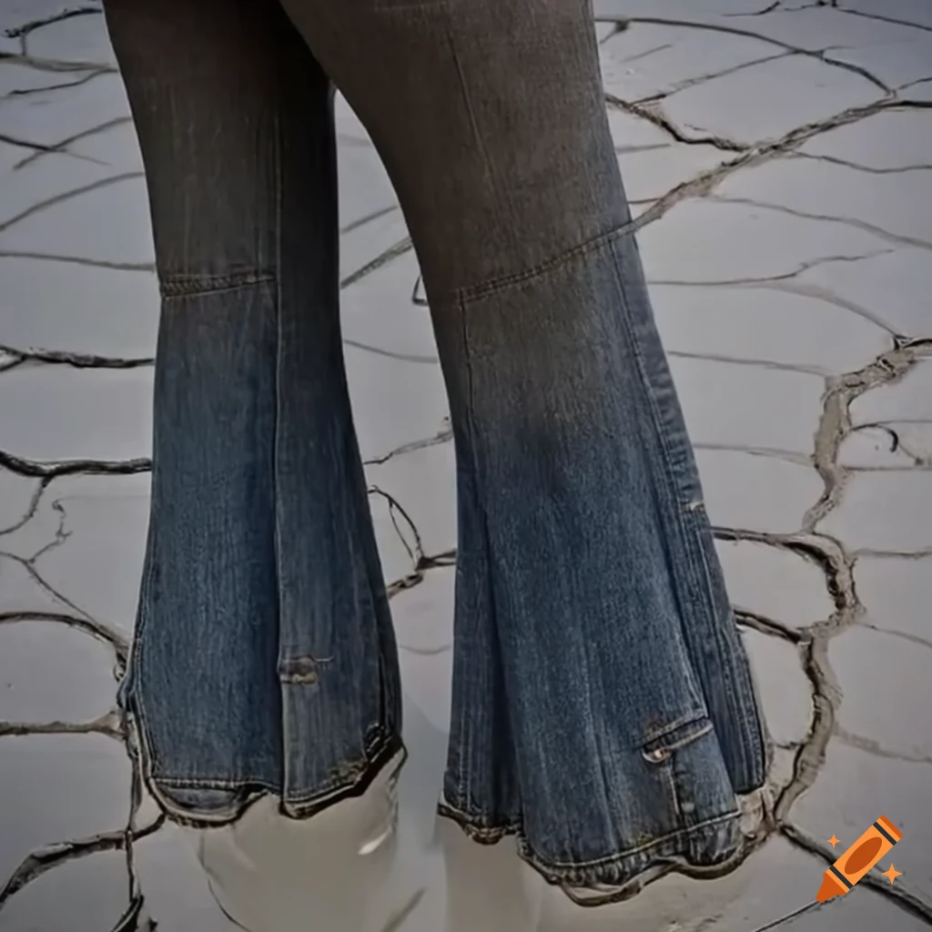Close-up of flare jeans in mud on the pavement