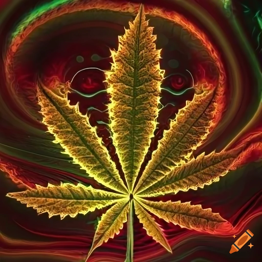 Weed leaf on a glowing fractal background with led lights