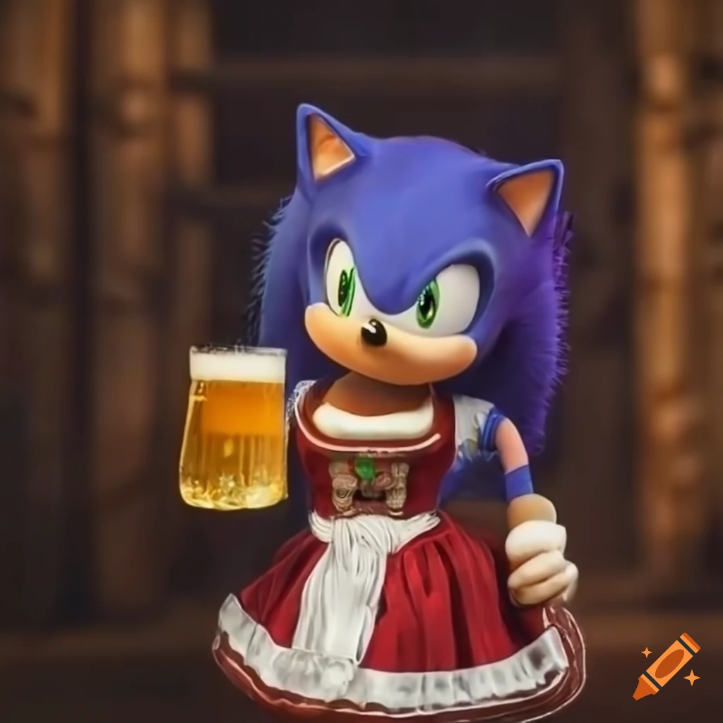Female Sonic the Hedgehog in traditional German attire with a beer