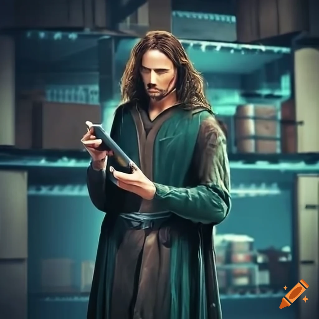 Aragorn examining a smartphone in a storeroom