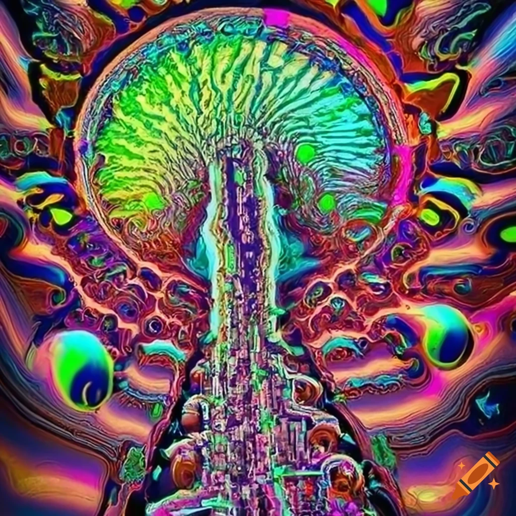 Psychedelic alien tree in tube art style with tropical plants in retro