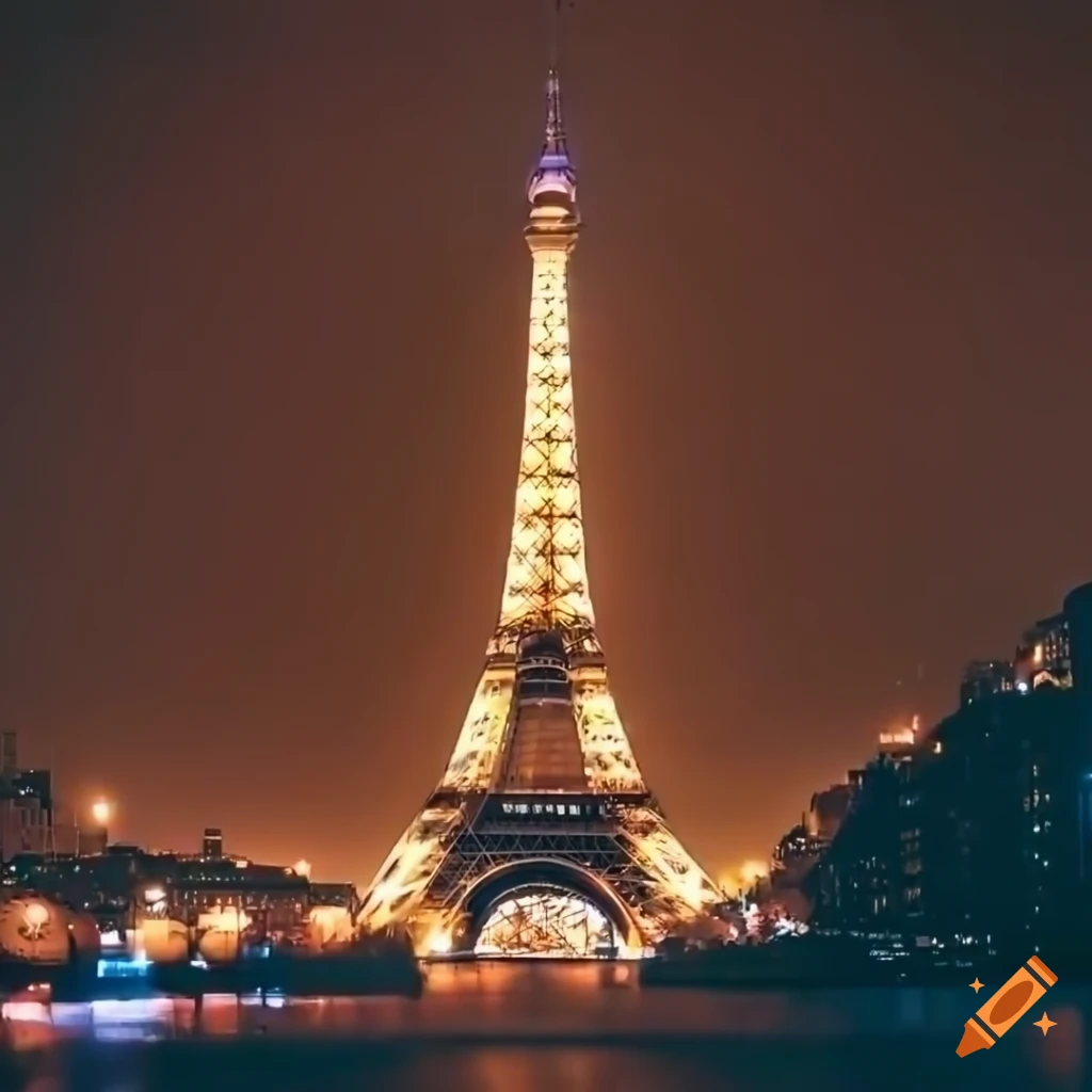 Eiffel Tower at night with bokeh lights, closed shops surrounding
