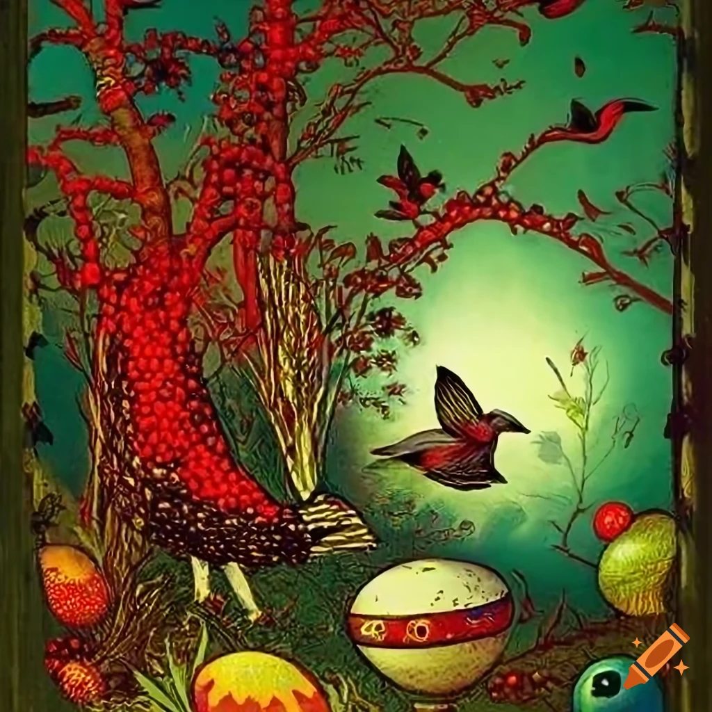 Illustration of evergreen trees, red berries, birds, mice, and an Easter egg inspired by Jean Ignace Isidore Gérard Grandville