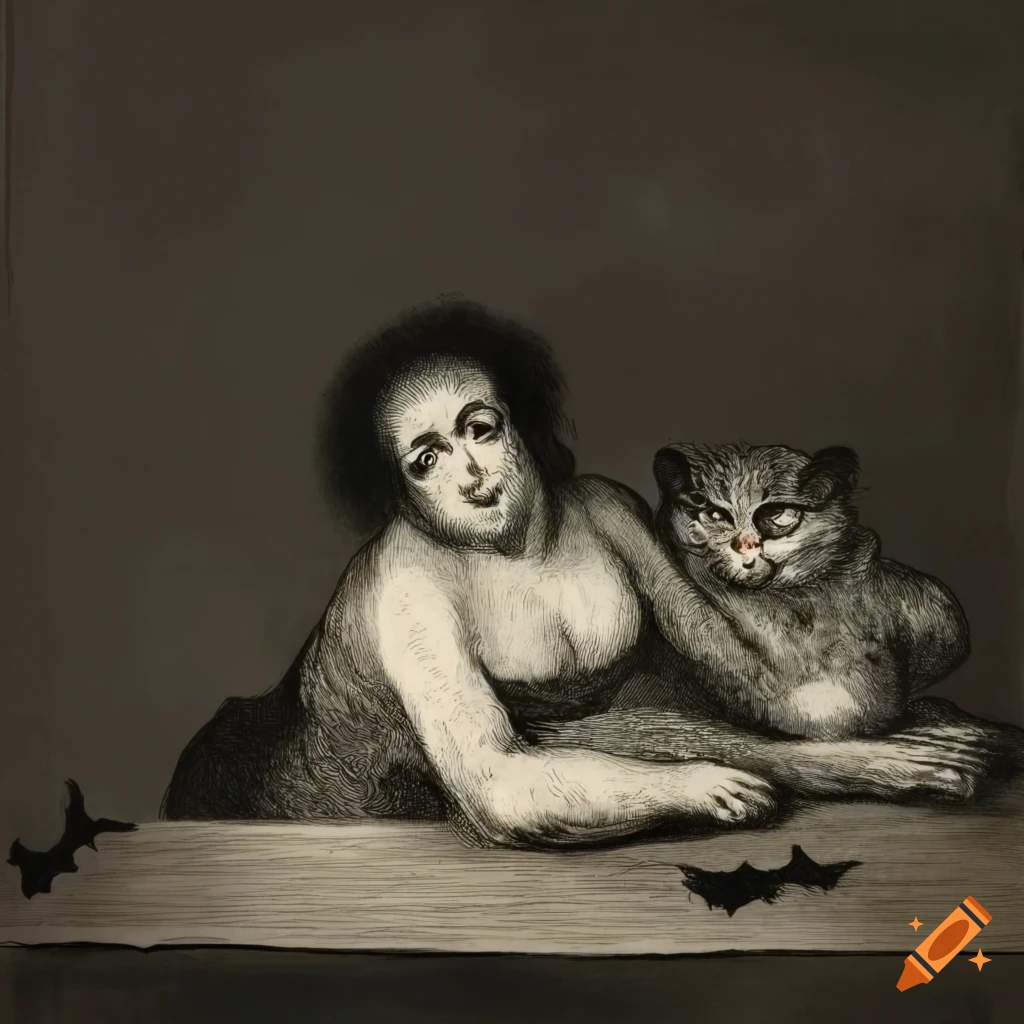 Alone person sleeping surrounded by bats, owls, cats, and demons in Goya style etching