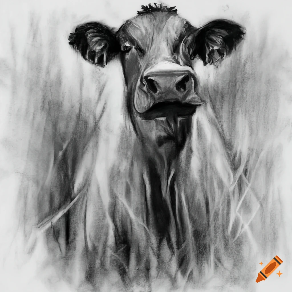Cows grazing in a field in a charcoal drawing