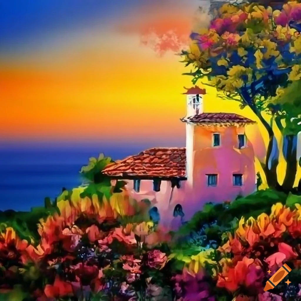 Colorful Mediterranean landscape with house, flowers, and trees