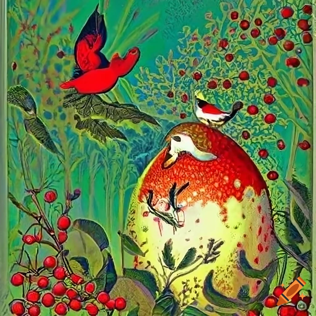 Illustration of evergreen trees, red berries, birds, mice, and an Easter egg inspired by Jean Ignace Isidore Gérard Grandville