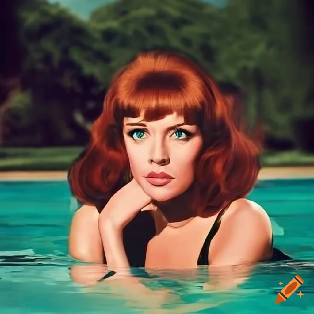 1960s style art of woman by a pool