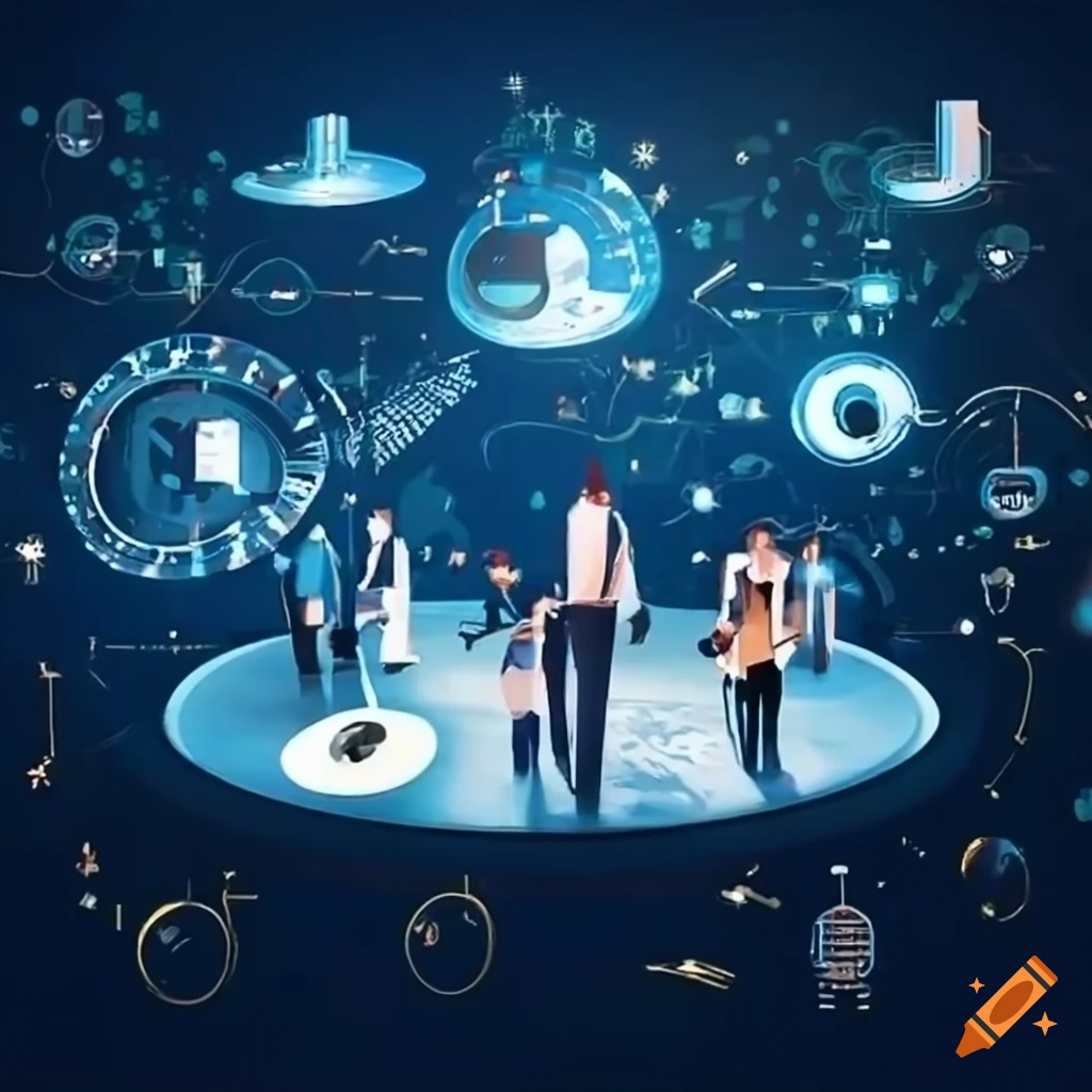 Executives brainstorming in futuristic coworking space with crypto trading table