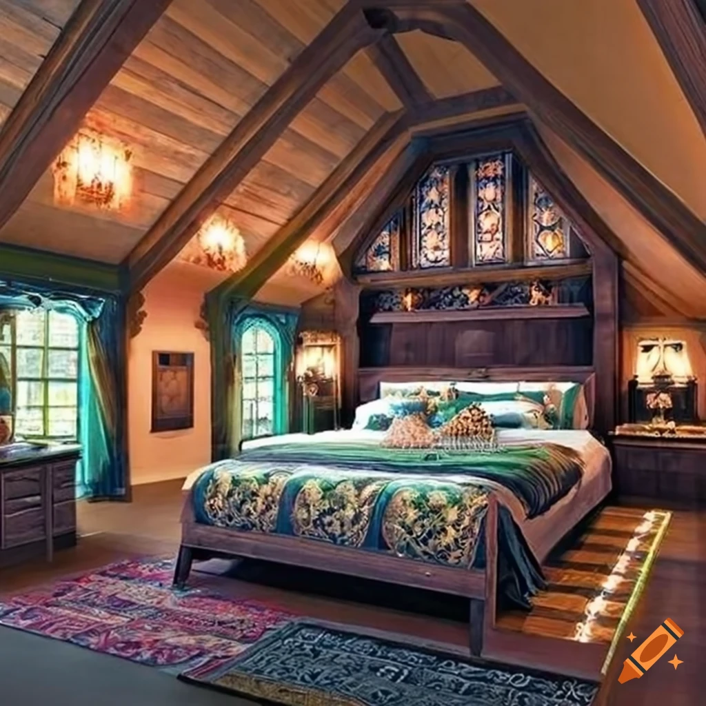 Carpenter Gothic cottage attic bedroom with elegant bohemian decor on ...