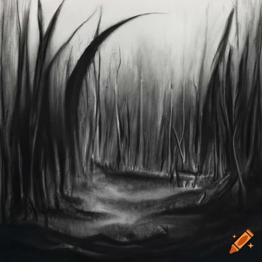Grass and mud depicted in charcoal drawing in black and white