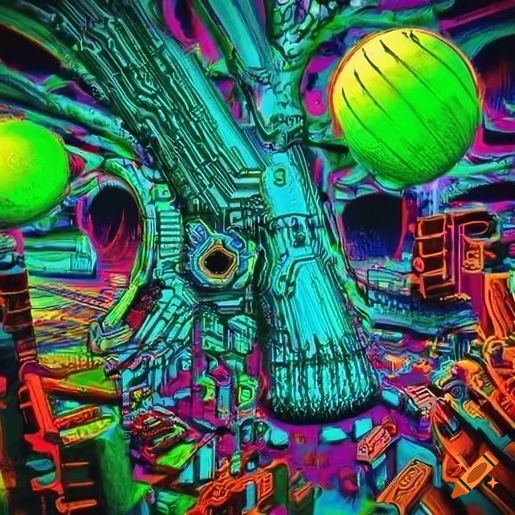 Psychedelic alien tree in tube art style with technical drawing of