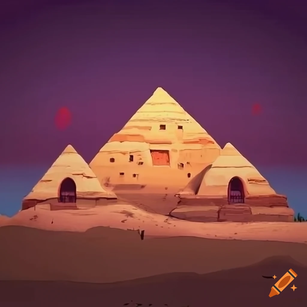 Desert with tall cactuses, sandstone houses, pyramids, and a river with a bridge