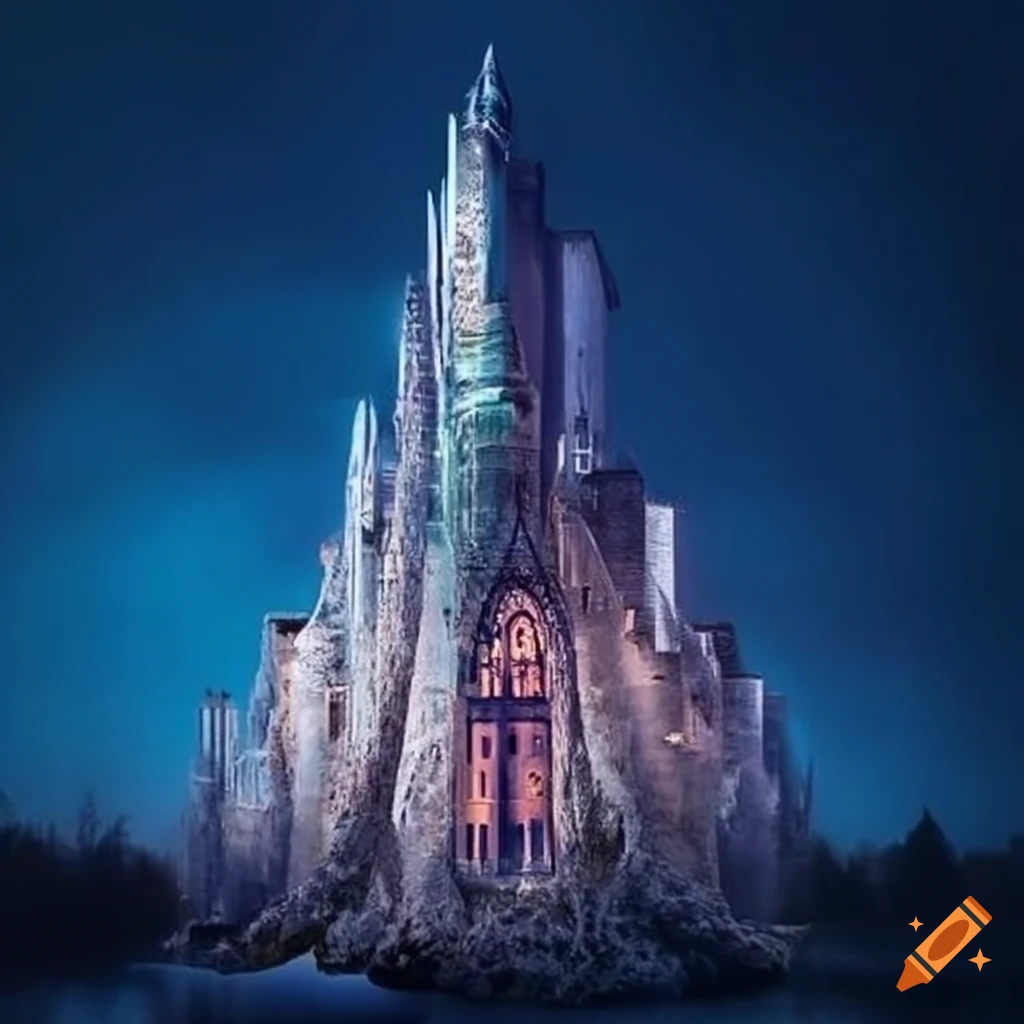 Stunning glass castle with intricate designs and tall towers on Craiyon