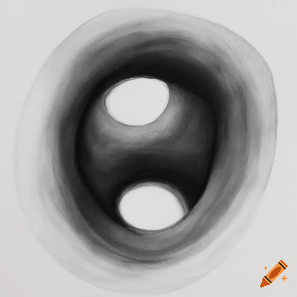 Portrait with large holes instead of ears in charcoal drawing