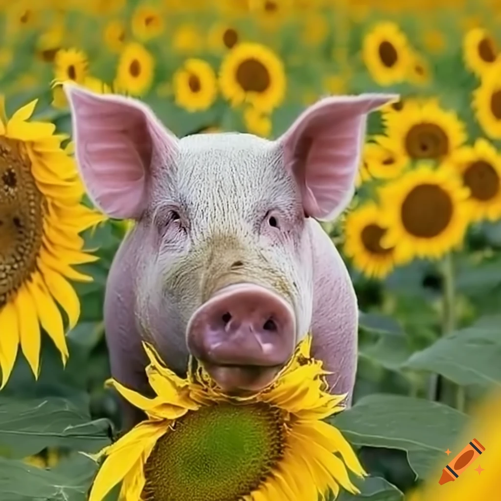 Pig in front of a field of sunflowers