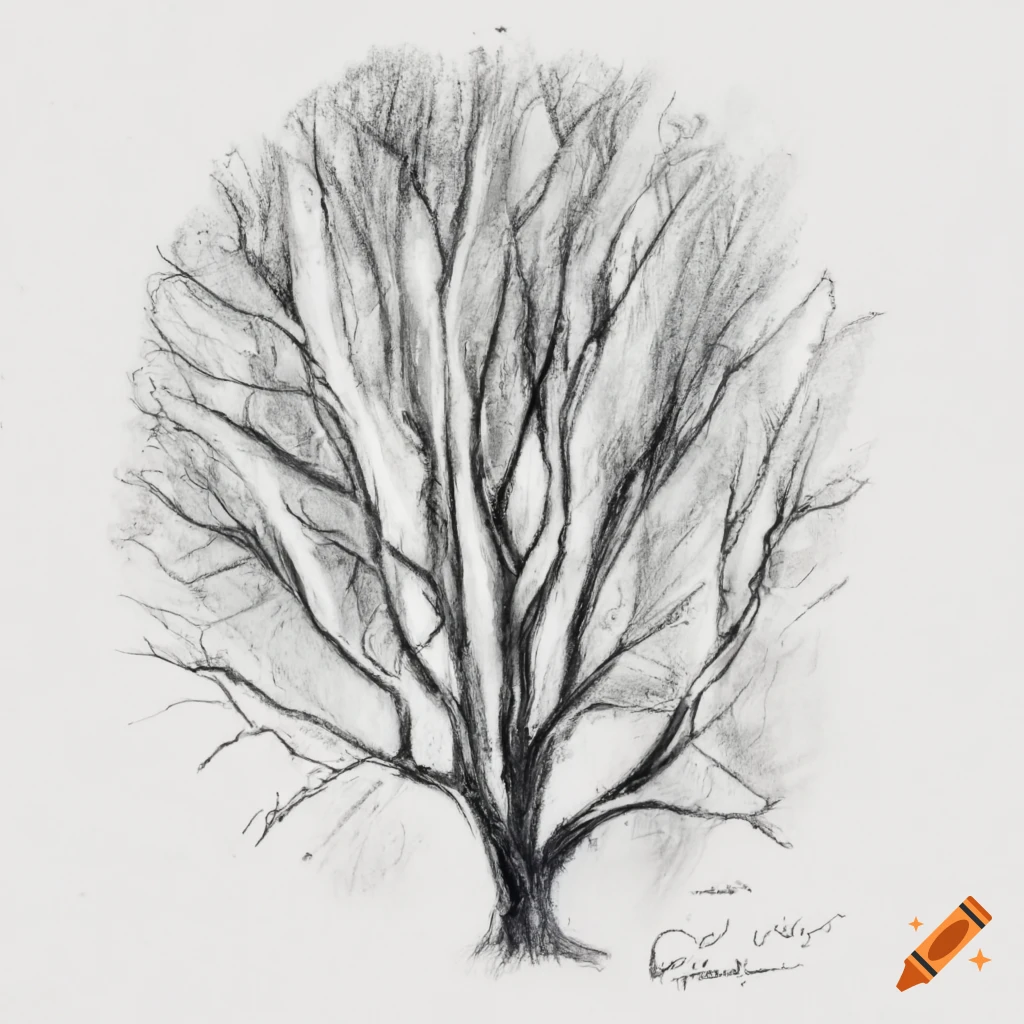 Tree branch in charcoal drawing in black and white