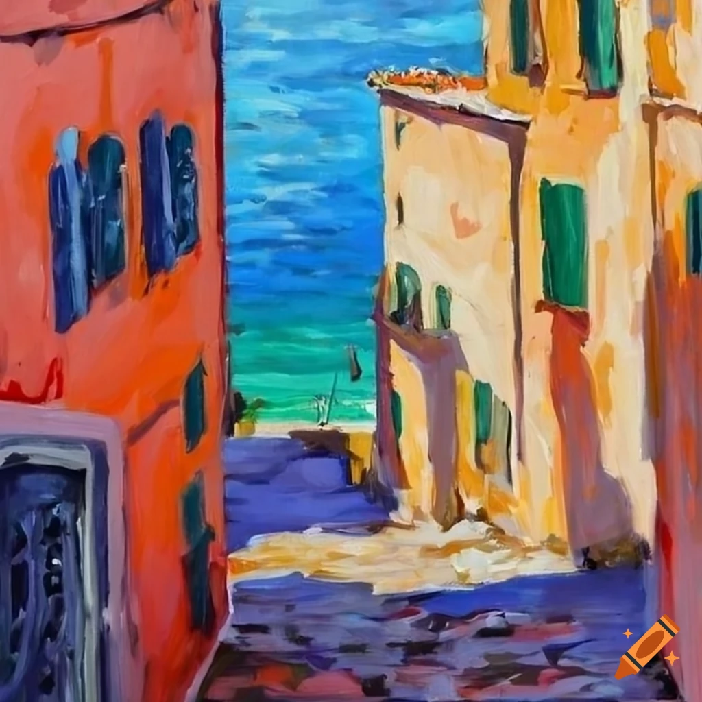 Fauve style painting of sea view in an Italian fishing village