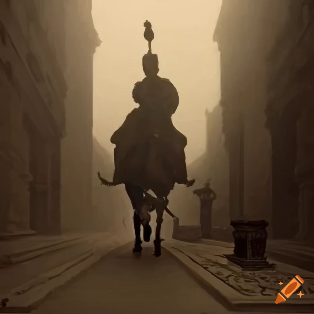 Muslim king riding a horse away from a city gate in thick fog