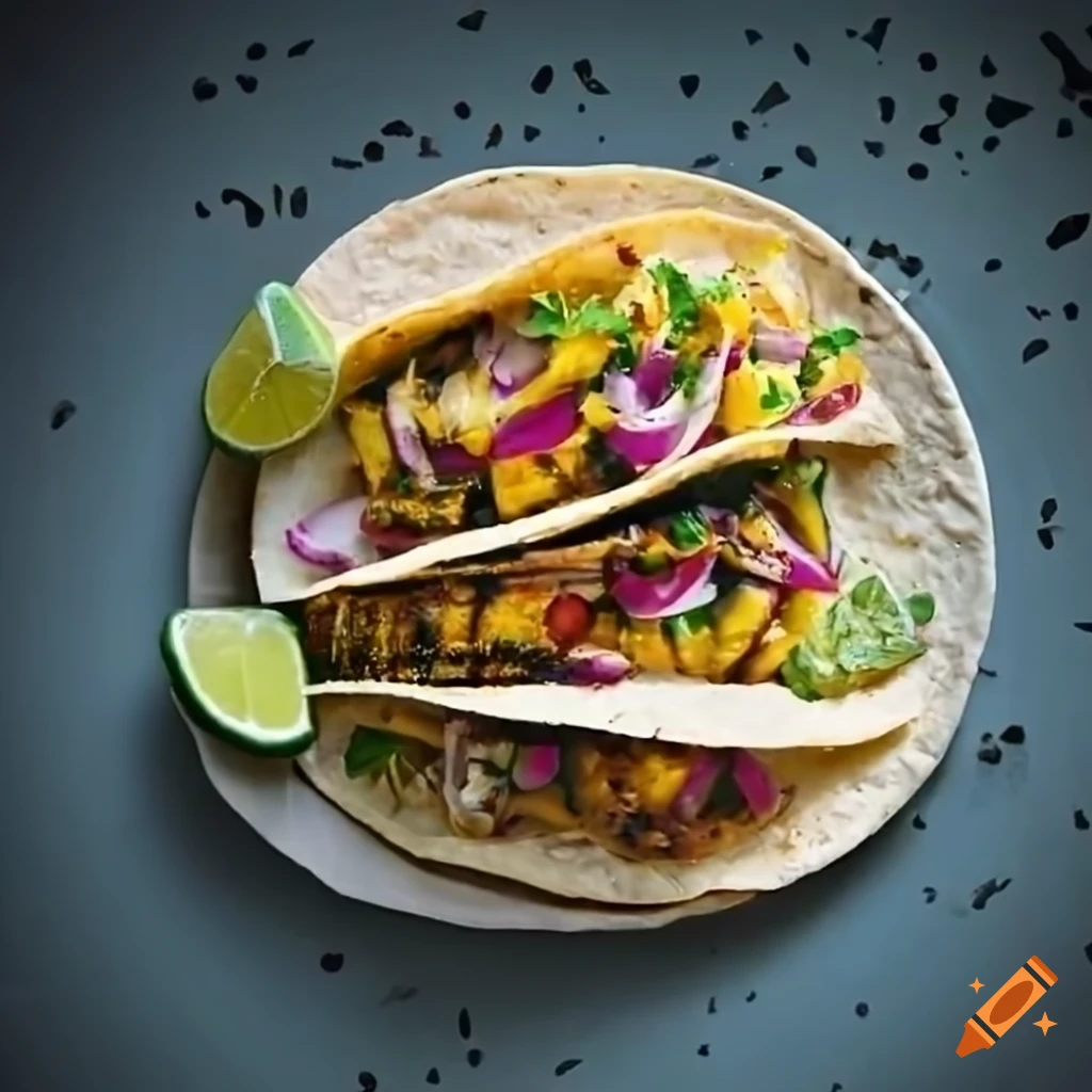 Jungle jerk chicken tacos with pineapple salsa and cabbage on Craiyon