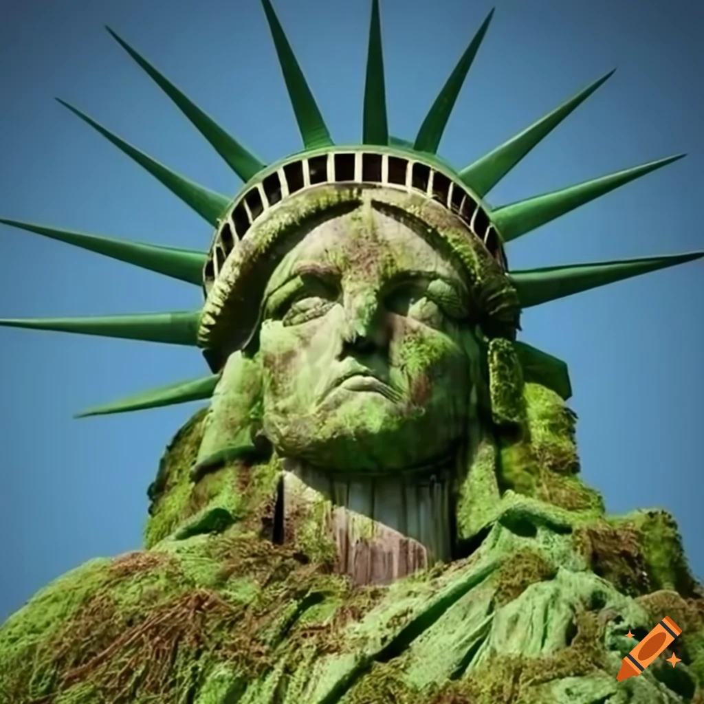 Post-apocalyptic Statue of Liberty covered in moss and plants