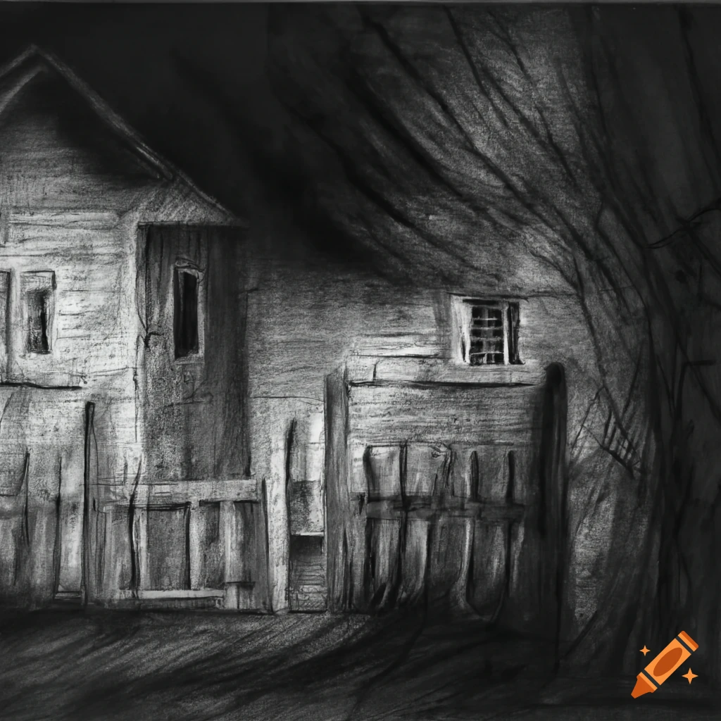 Cottage fence in a yard at night in charcoal drawing style