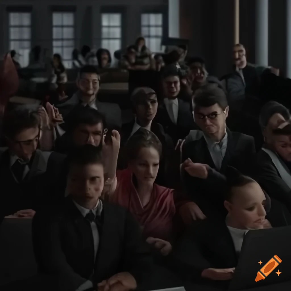 Office scene with formal workers and a crowd in pajamas, some sleeping and some active