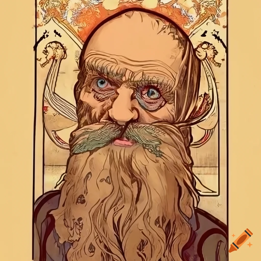 Eccentric old man with wide eyes and beard in Alphonse Mucha style