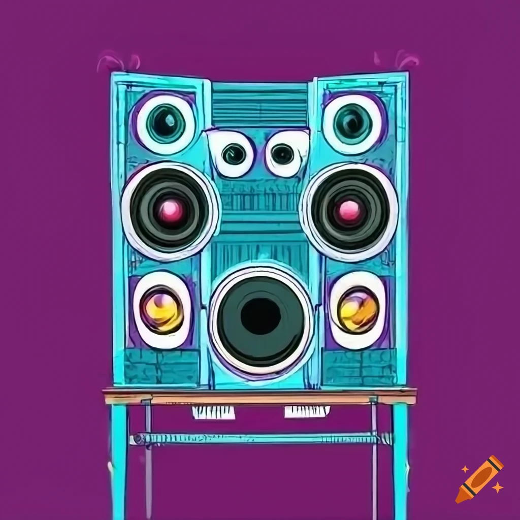 Tower of speakers with vinyl records in a graffiti style illustration