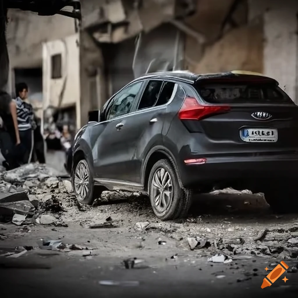 Family with children and a car in rubble-strewn streets of Gaza
